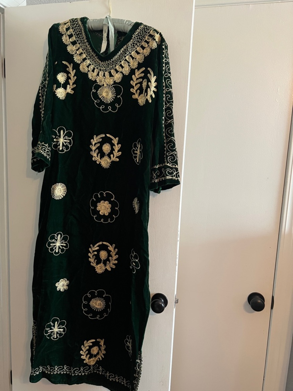 Vintage Eastern ornate Bellydance cover up Green Velvet Dress Gold Embroidery